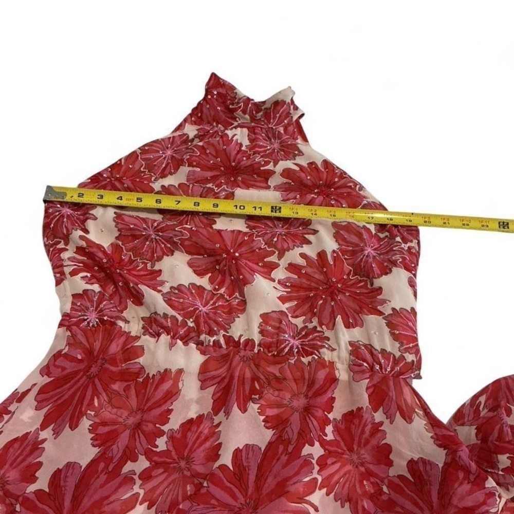Chetta B Silk Floral Halter Top Size 14 Red Pink Sequin Embellished Asymmetrical - Picture 4 of 8